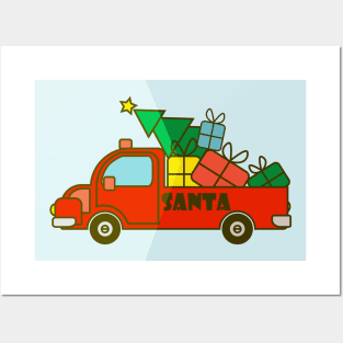 Xmas greeting card with red Santa truck, presents and Christmas tree Posters and Art